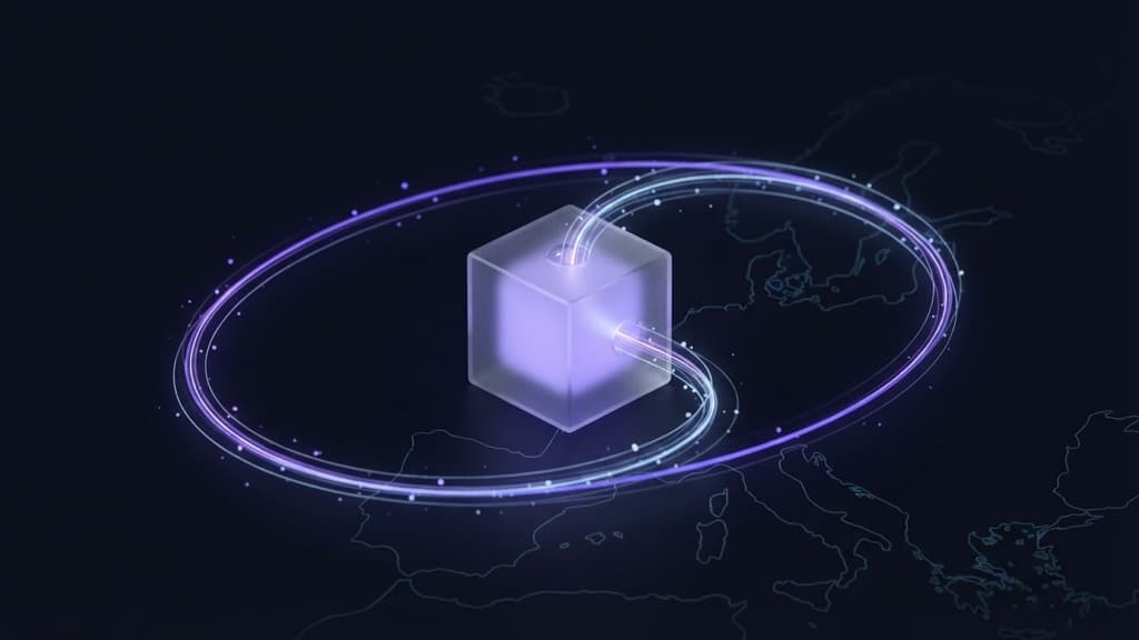 Flux de contexte réémis en boucle vers un cache, au-dessus d’une carte de l’Europe — l’inférence reste dans l’Union européenne