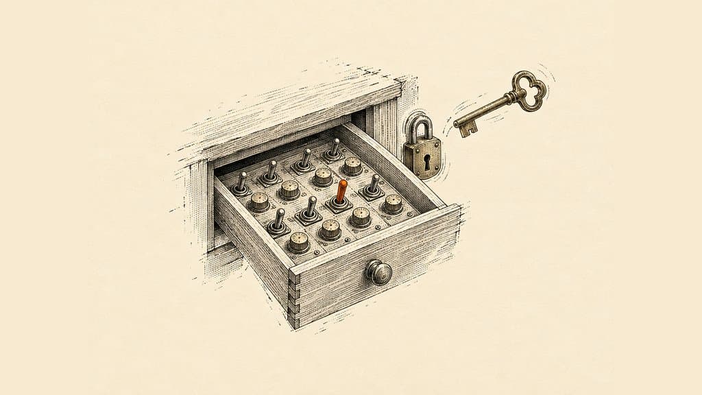 Un tiroir ouvert rempli d’interrupteurs et de molettes, dont un seul basculé en orange, à côté d’un cadenas et d’une clé