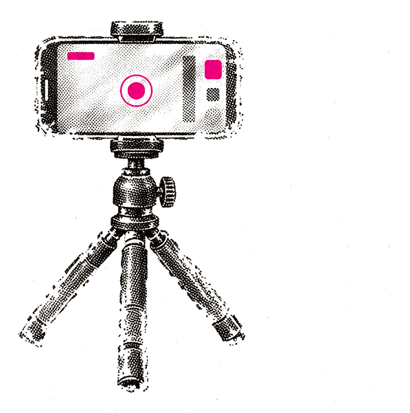 Gravure d'un smartphone sur trépied en train de filmer, pastille d'enregistrement magenta