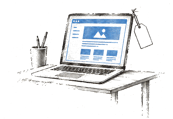 Gravure d'un laptop ouvert sur une vitrine en ligne, encre bleue